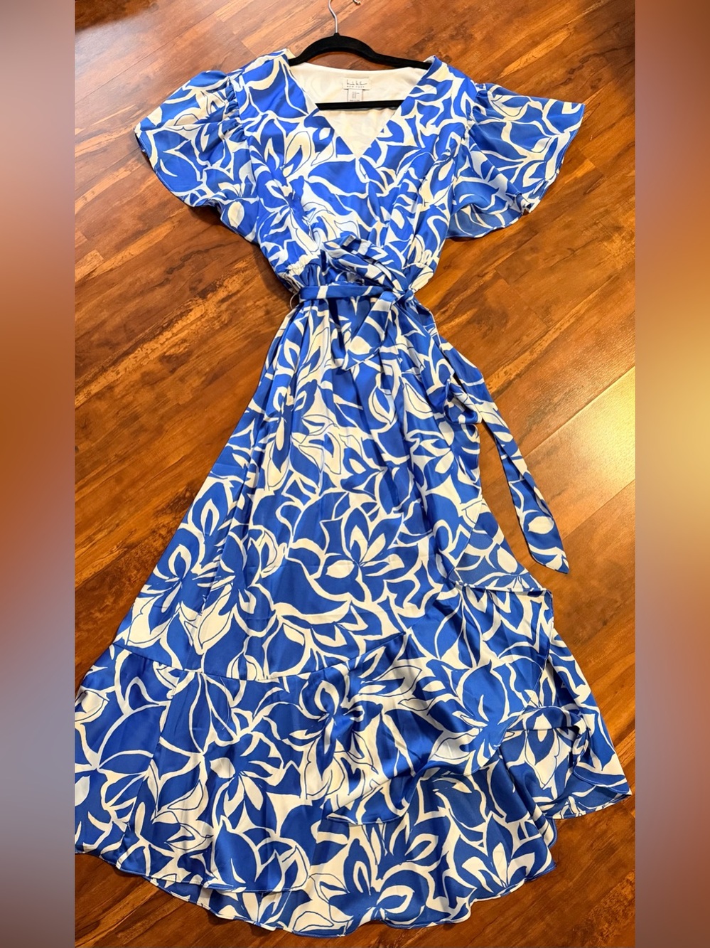 Nicole Miller Blue and White Floral Maxi Wrap Dress